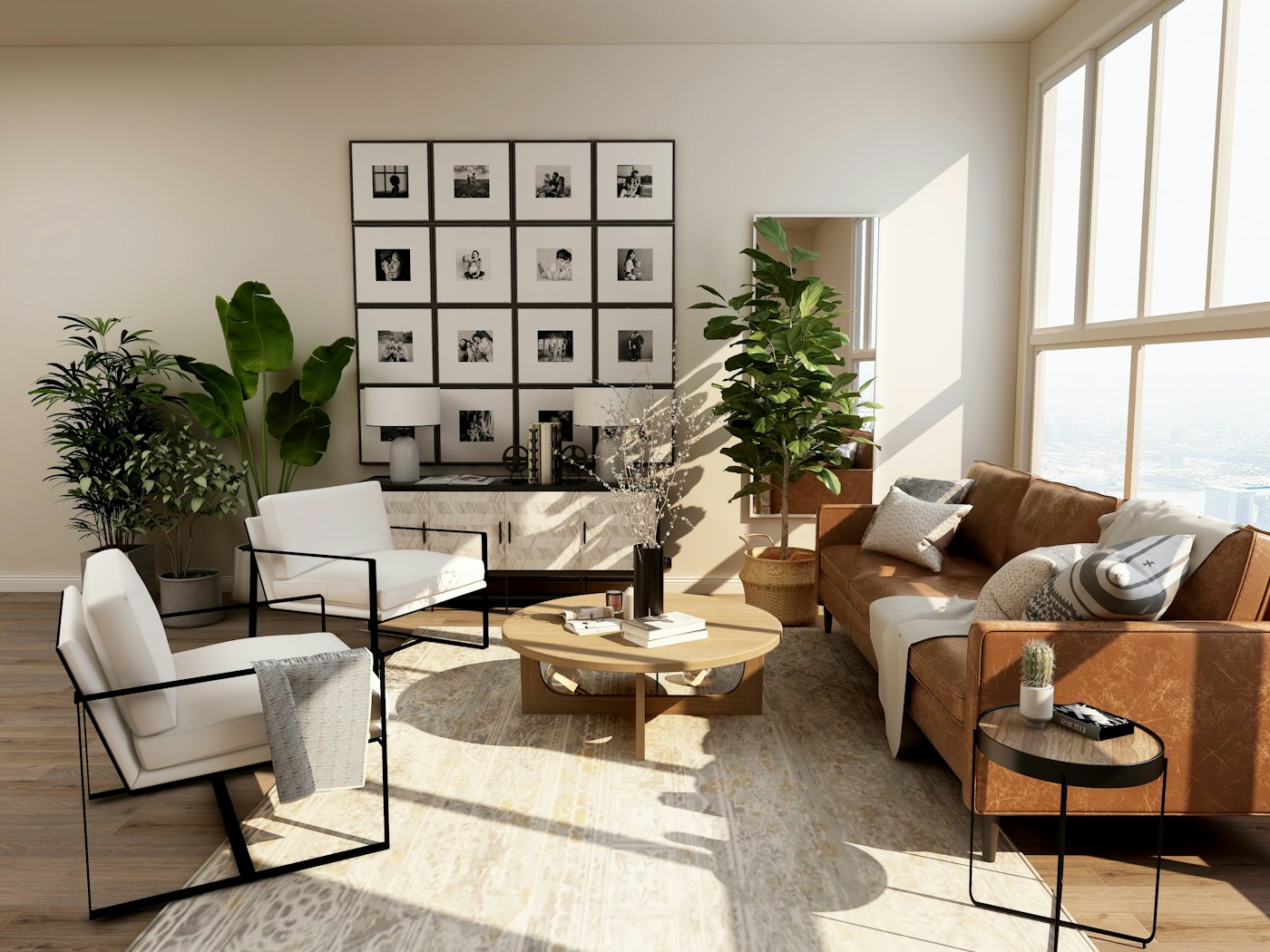 A sunlit living room with a comfortable sofa, houseplants, and space to unwind